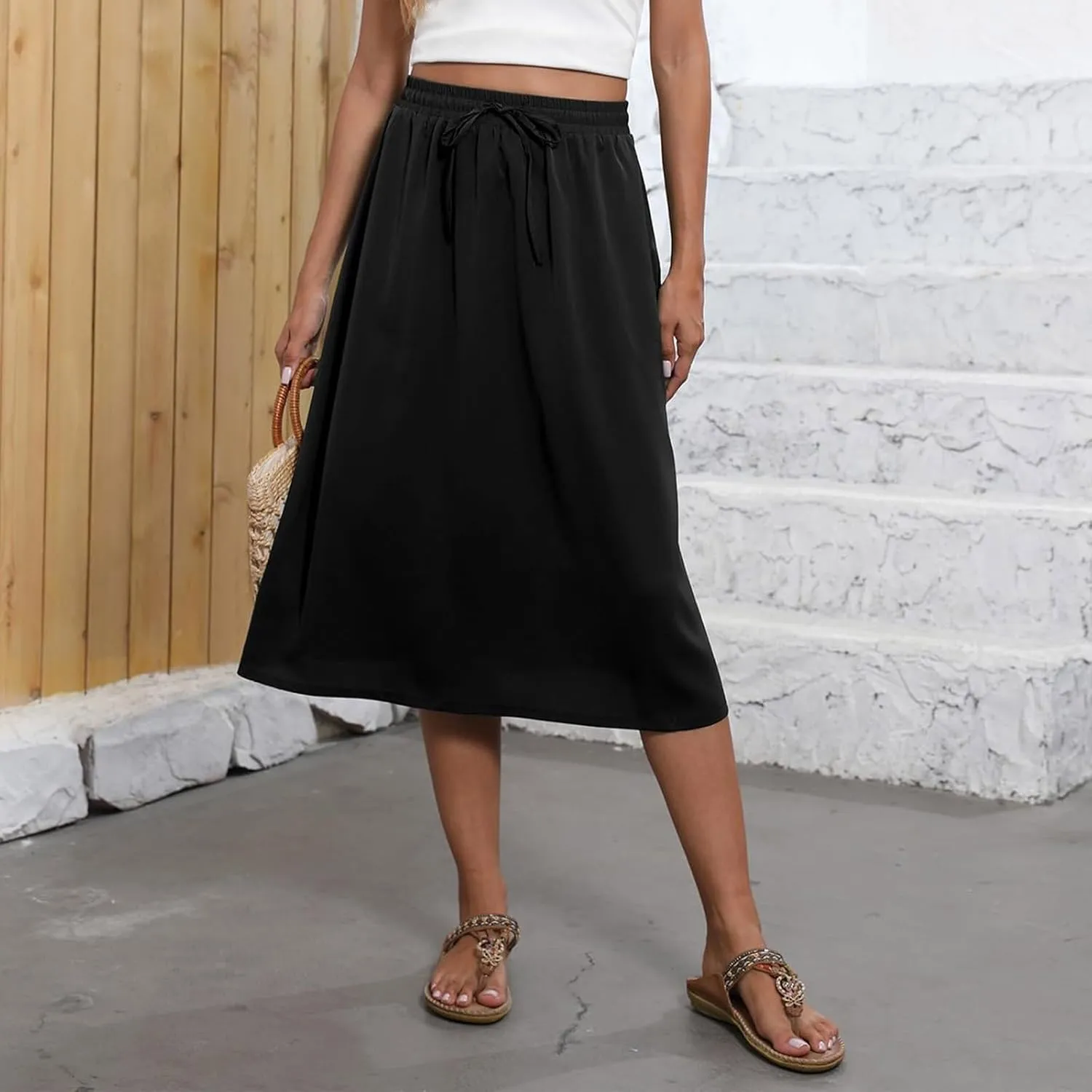 Women's Midi Skirt Summer Drawstring High Waisted Knee Length Skirts Pleated A-Line Cute Tropical Skirt with Pockets