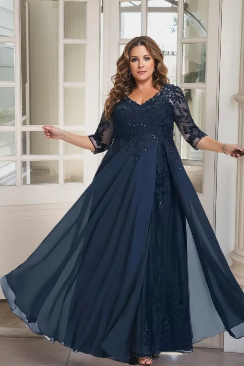 Women's Mother of The Bride Dresses for Wedding Lace Appliques Chiffon Formal Evening Dress with 3/4 Sleeves