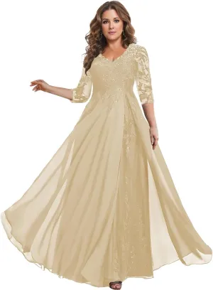 Women's Mother of The Bride Dresses for Wedding Lace Appliques Chiffon Formal Evening Dress with 3/4 Sleeves