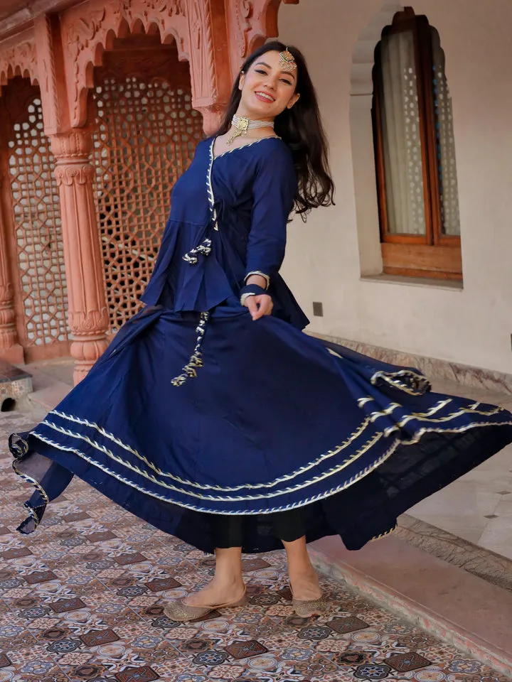 Women'S Navy Blue Embroidered Lehenga Dupatta Set