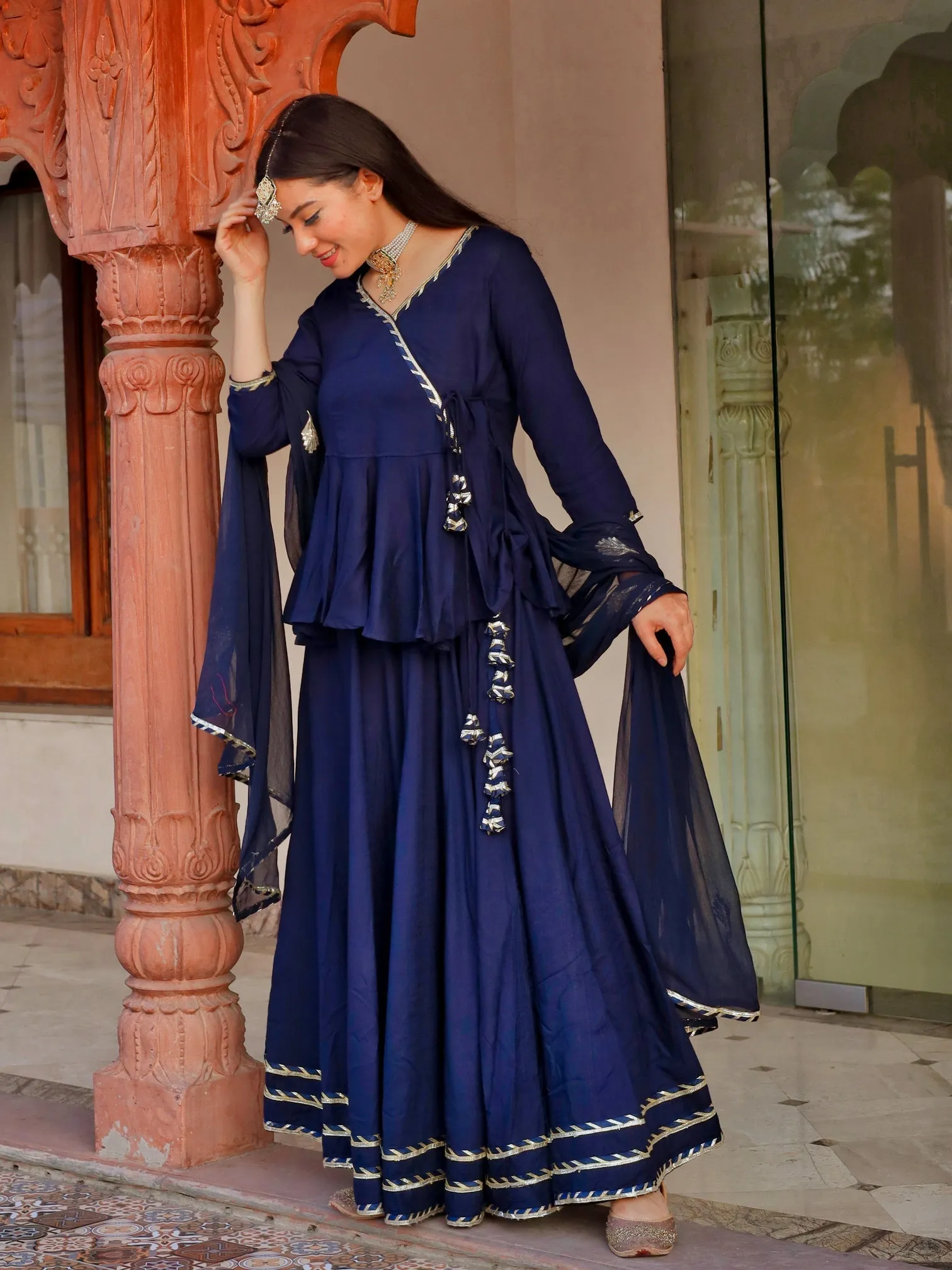 Women'S Navy Blue Embroidered Lehenga Dupatta Set