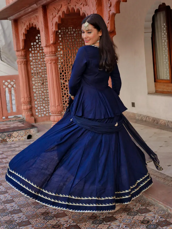 Women'S Navy Blue Embroidered Lehenga Dupatta Set