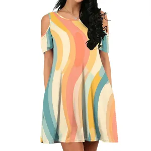 Women's Off Shoulder Dress Floral Print Short Sleeve Sundress Casual Flowy A-Line Mini Dress Beach Party Short Skirt