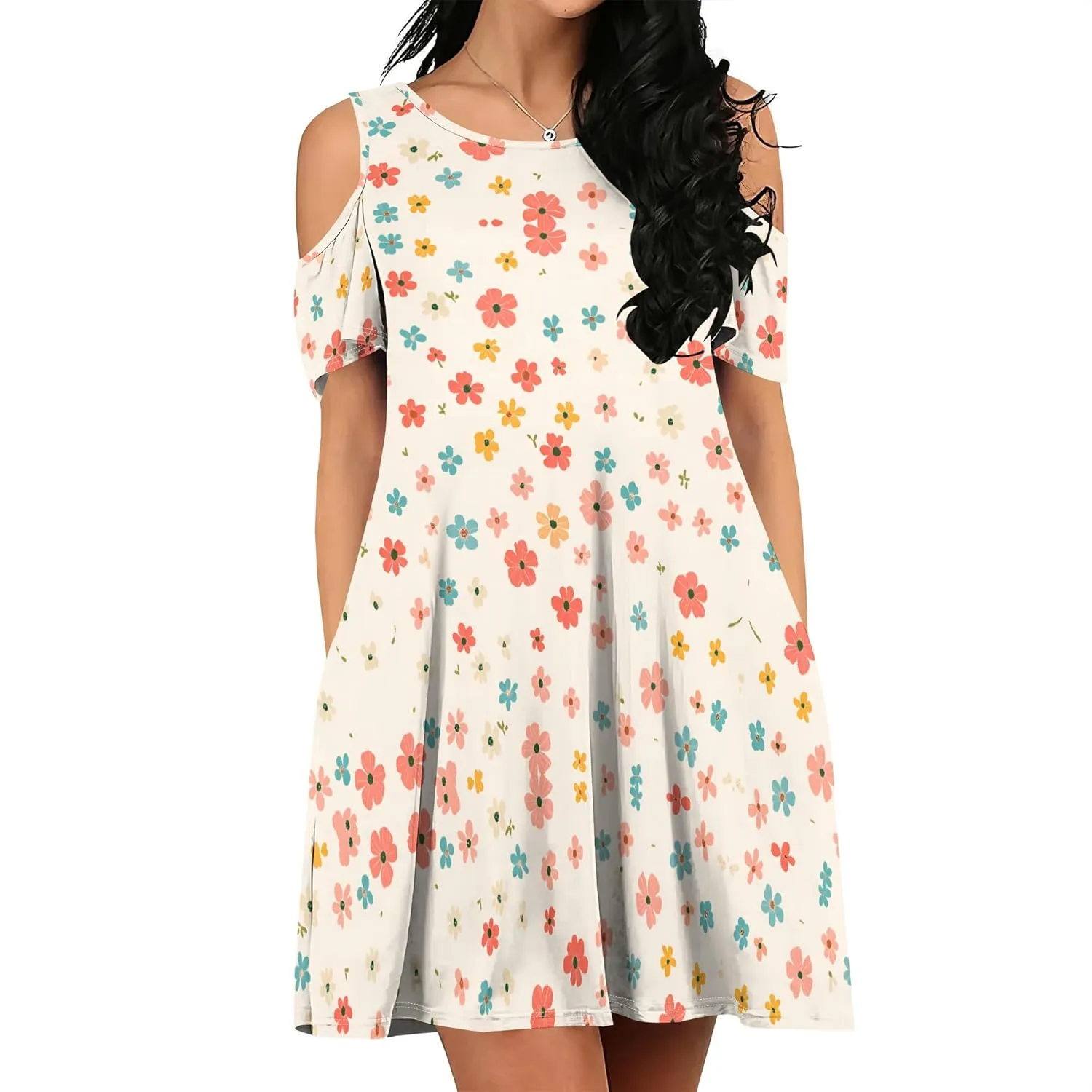 Women's Off Shoulder Dress Floral Print Short Sleeve Sundress Casual Flowy A-Line Mini Dress Beach Party Short Skirt