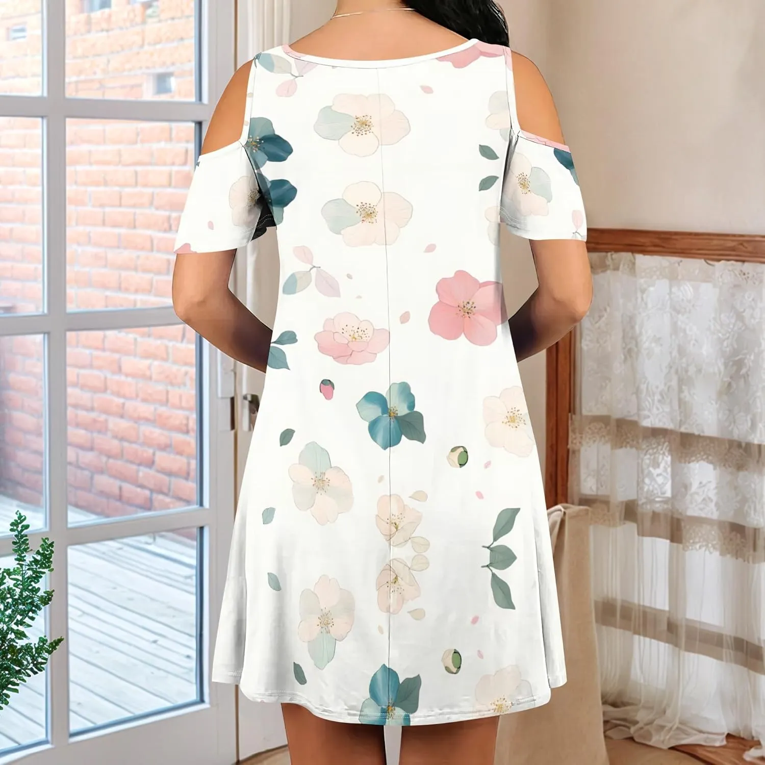 Women's Off Shoulder Dress Floral Print Short Sleeve Sundress Casual Flowy A-Line Mini Dress Beach Party Short Skirt