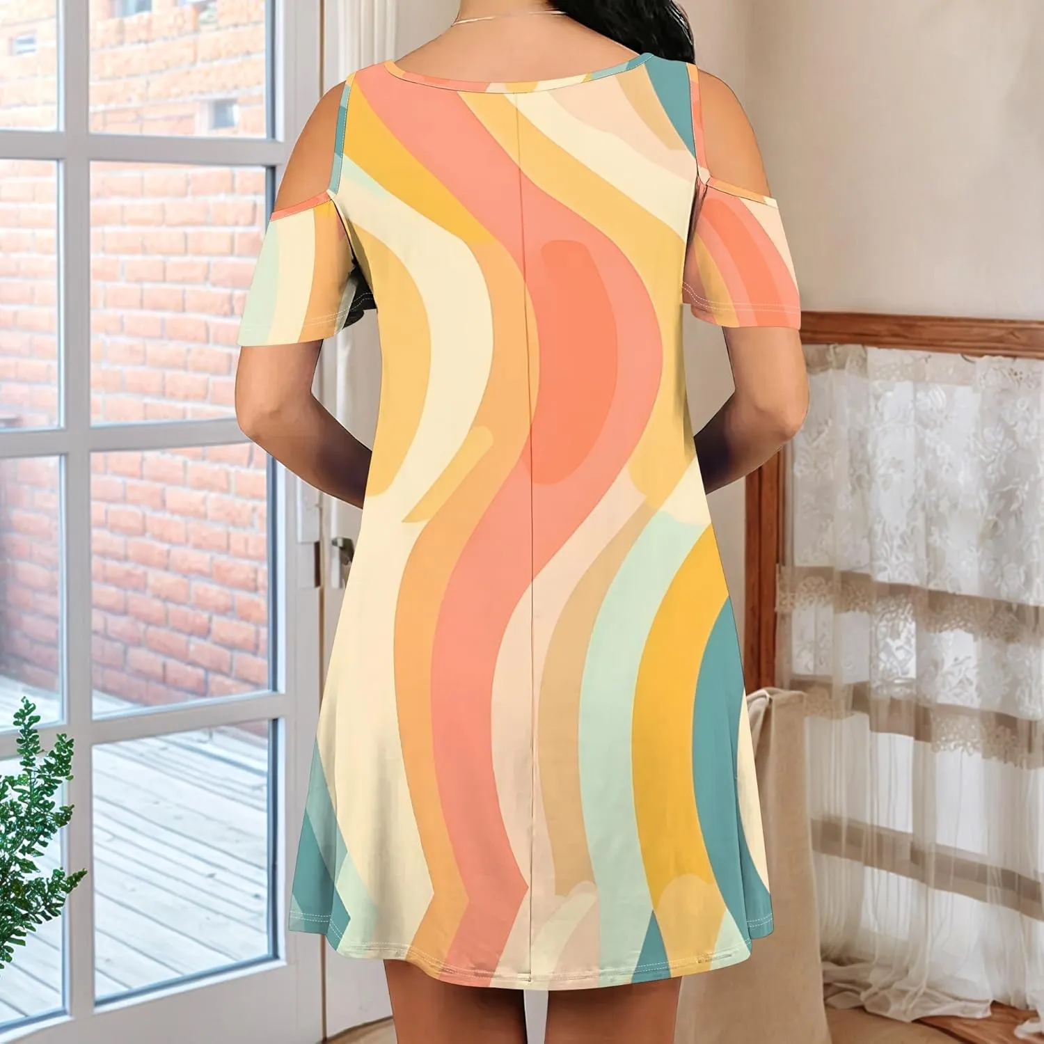 Women's Off Shoulder Dress Floral Print Short Sleeve Sundress Casual Flowy A-Line Mini Dress Beach Party Short Skirt