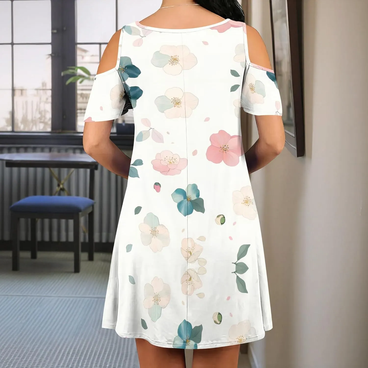 Women's Off Shoulder Dress Floral Print Short Sleeve Sundress Casual Flowy A-Line Mini Dress Beach Party Short Skirt