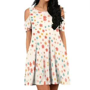 Women's Off Shoulder Dress Floral Print Short Sleeve Sundress Casual Flowy A-Line Mini Dress Beach Party Short Skirt