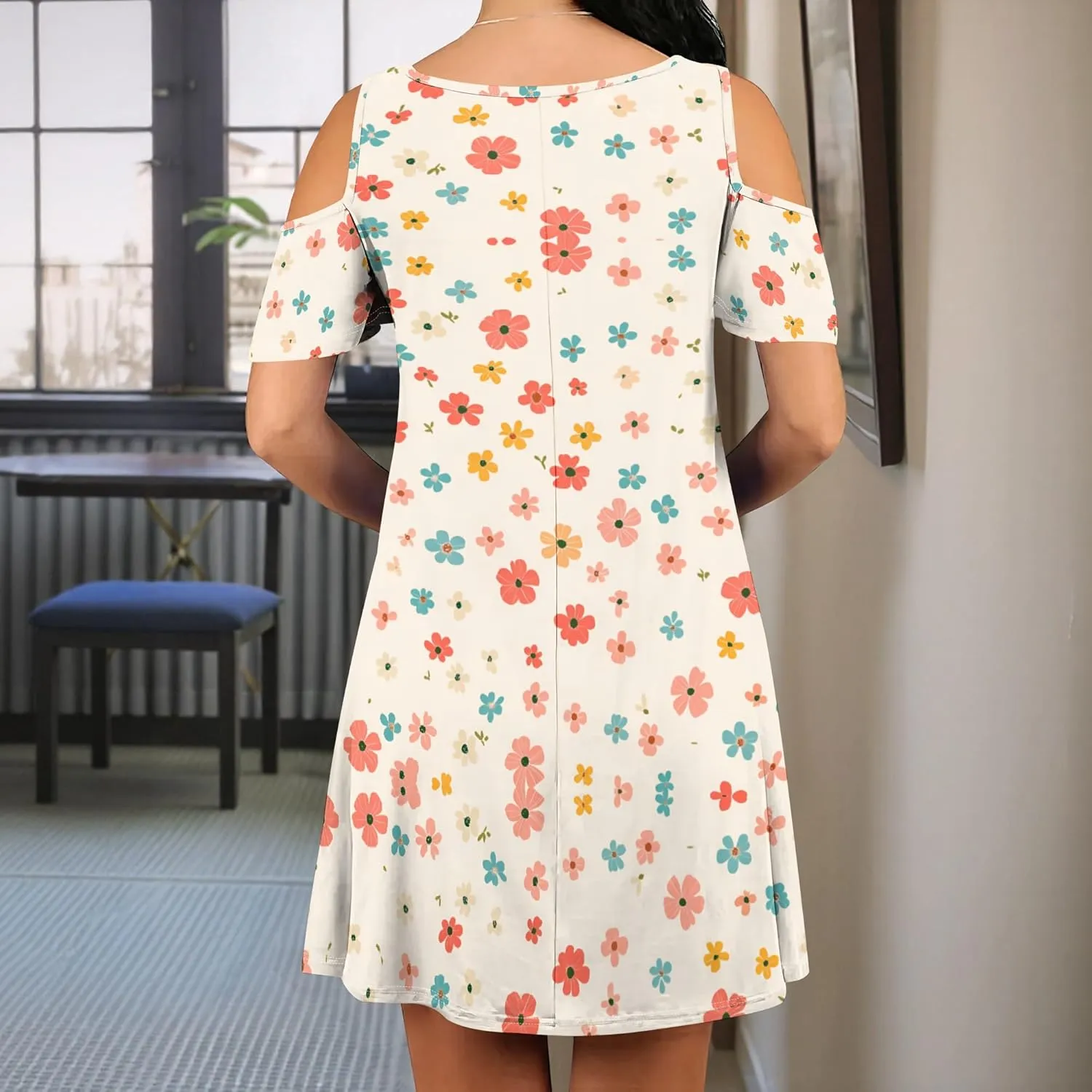 Women's Off Shoulder Dress Floral Print Short Sleeve Sundress Casual Flowy A-Line Mini Dress Beach Party Short Skirt