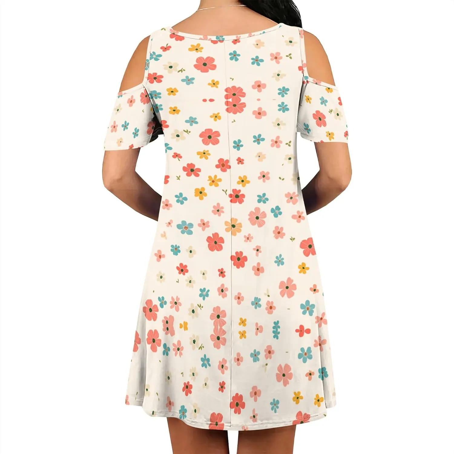 Women's Off Shoulder Dress Floral Print Short Sleeve Sundress Casual Flowy A-Line Mini Dress Beach Party Short Skirt