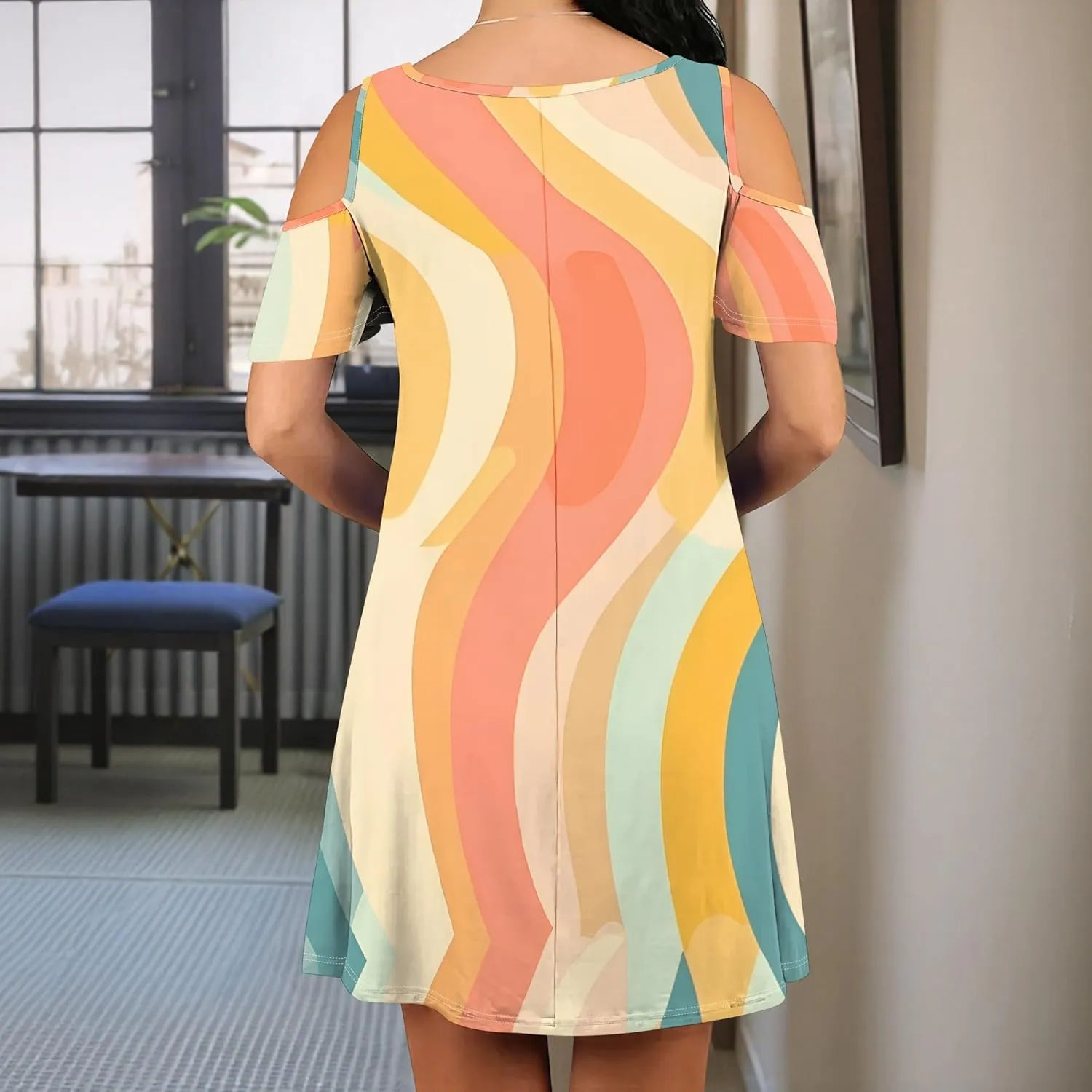 Women's Off Shoulder Dress Floral Print Short Sleeve Sundress Casual Flowy A-Line Mini Dress Beach Party Short Skirt