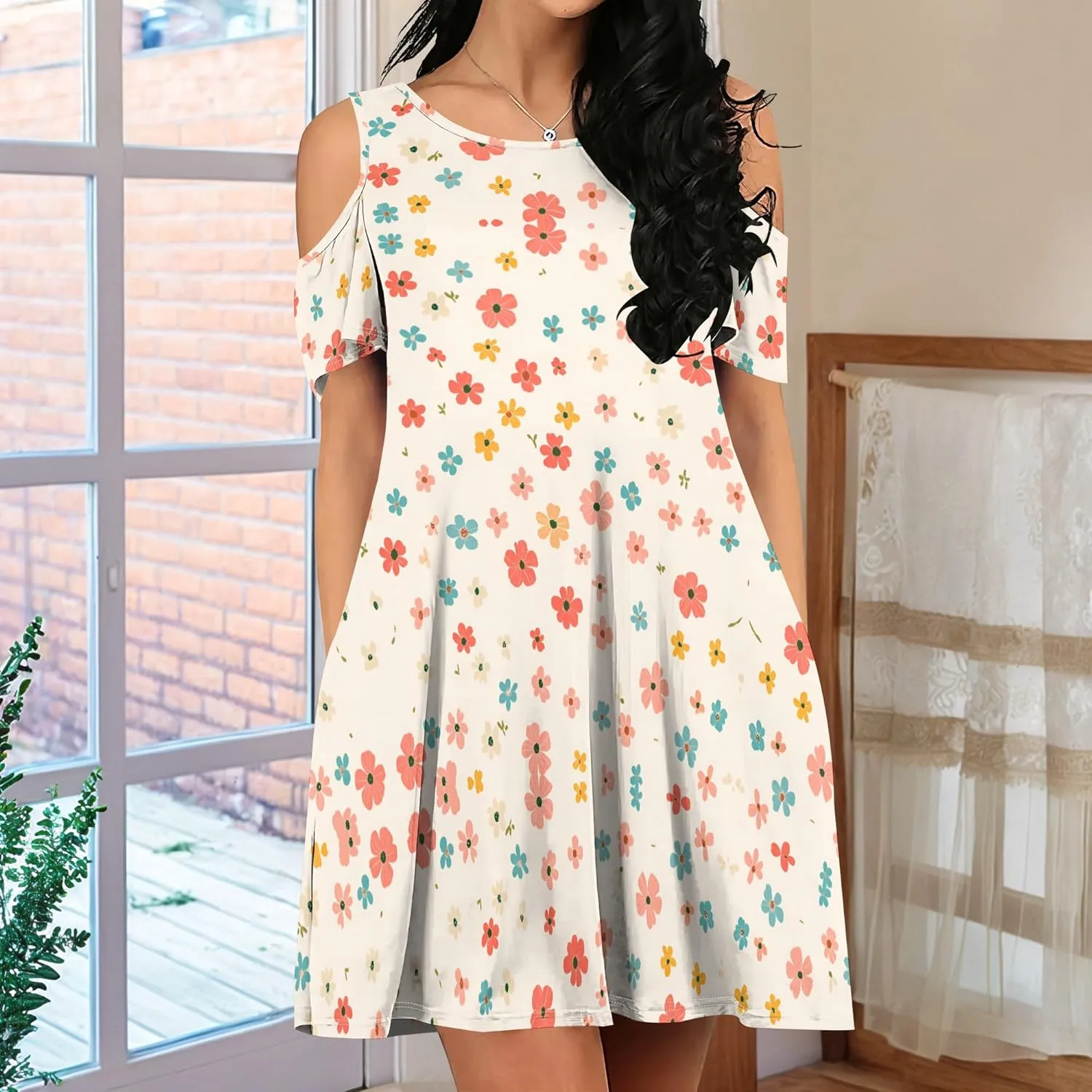 Women's Off Shoulder Dress Floral Print Short Sleeve Sundress Casual Flowy A-Line Mini Dress Beach Party Short Skirt