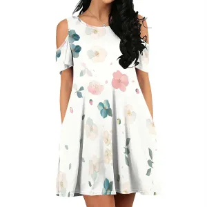Women's Off Shoulder Dress Floral Print Short Sleeve Sundress Casual Flowy A-Line Mini Dress Beach Party Short Skirt