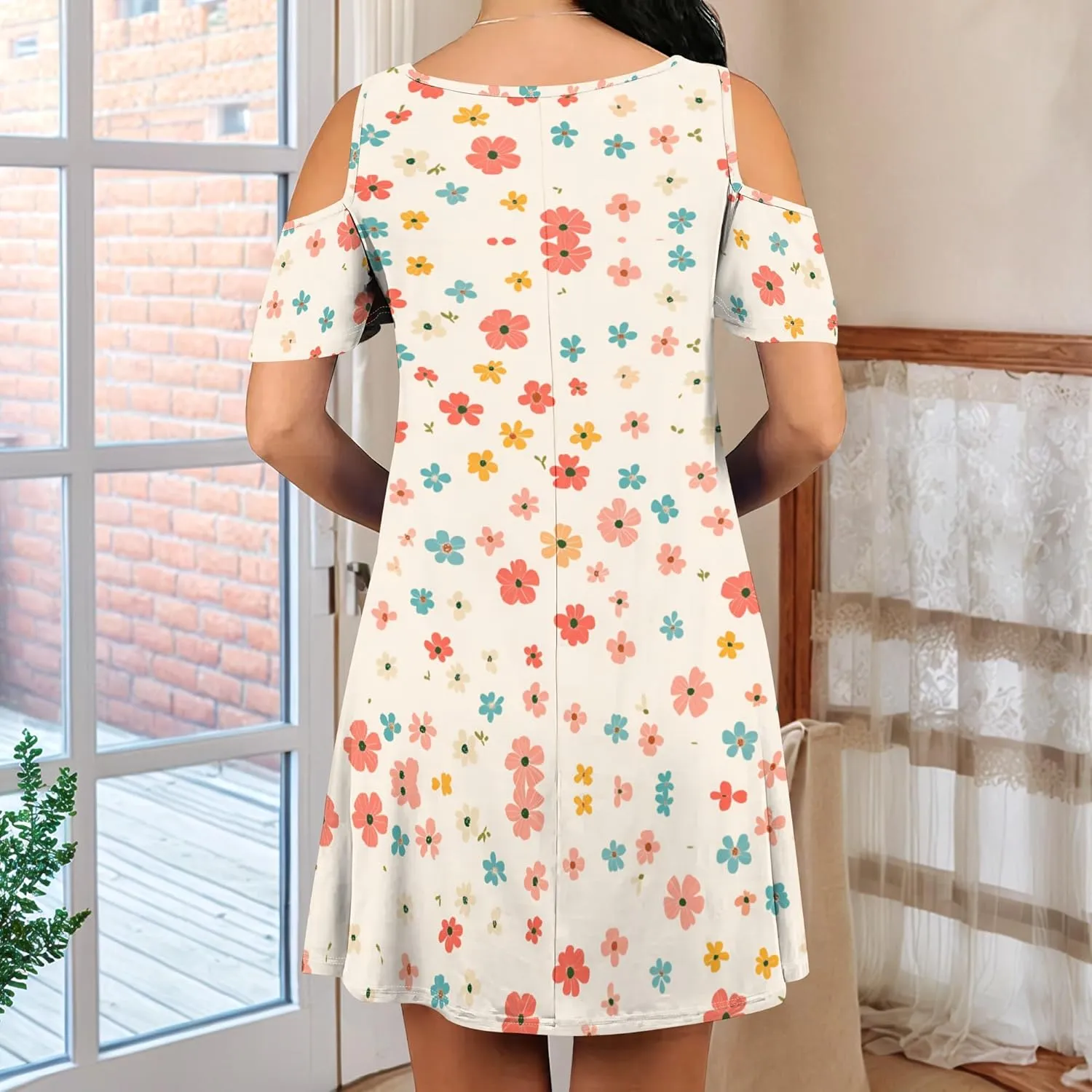 Women's Off Shoulder Dress Floral Print Short Sleeve Sundress Casual Flowy A-Line Mini Dress Beach Party Short Skirt
