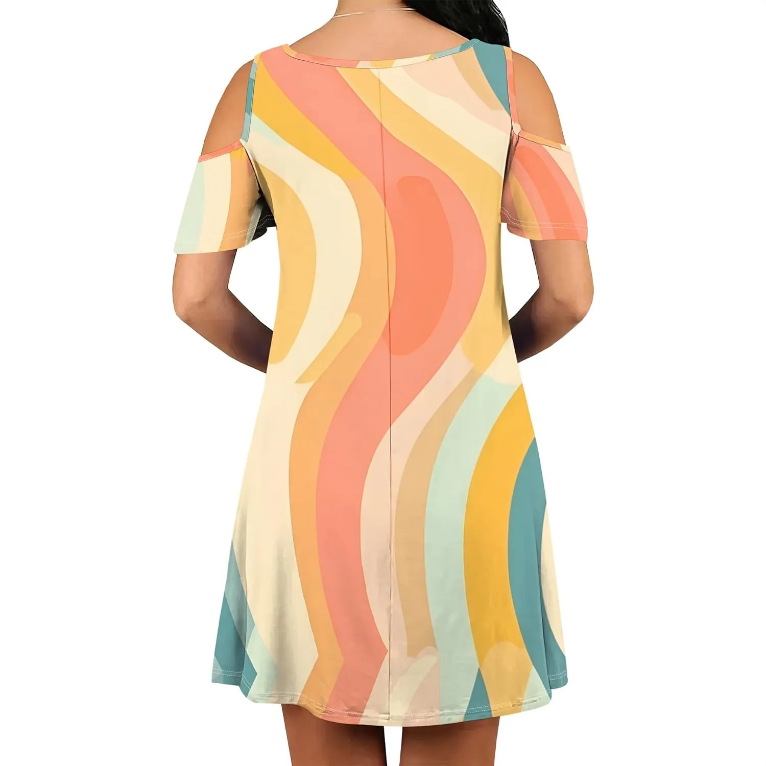 Women's Off Shoulder Dress Floral Print Short Sleeve Sundress Casual Flowy A-Line Mini Dress Beach Party Short Skirt