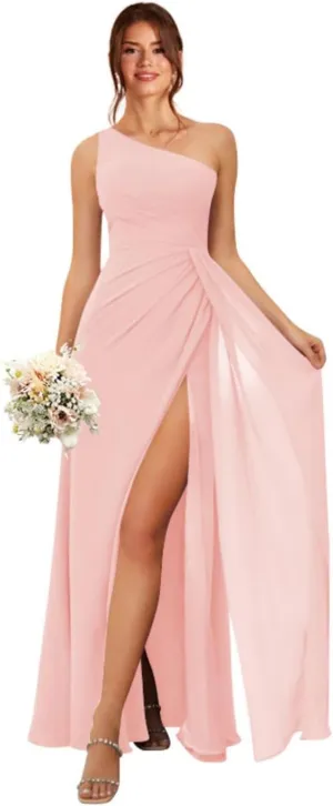 Women's One Shoulder Bridesmaid Dresses Long A-Line Ruched Split Formal Prom Evening Dress MA08