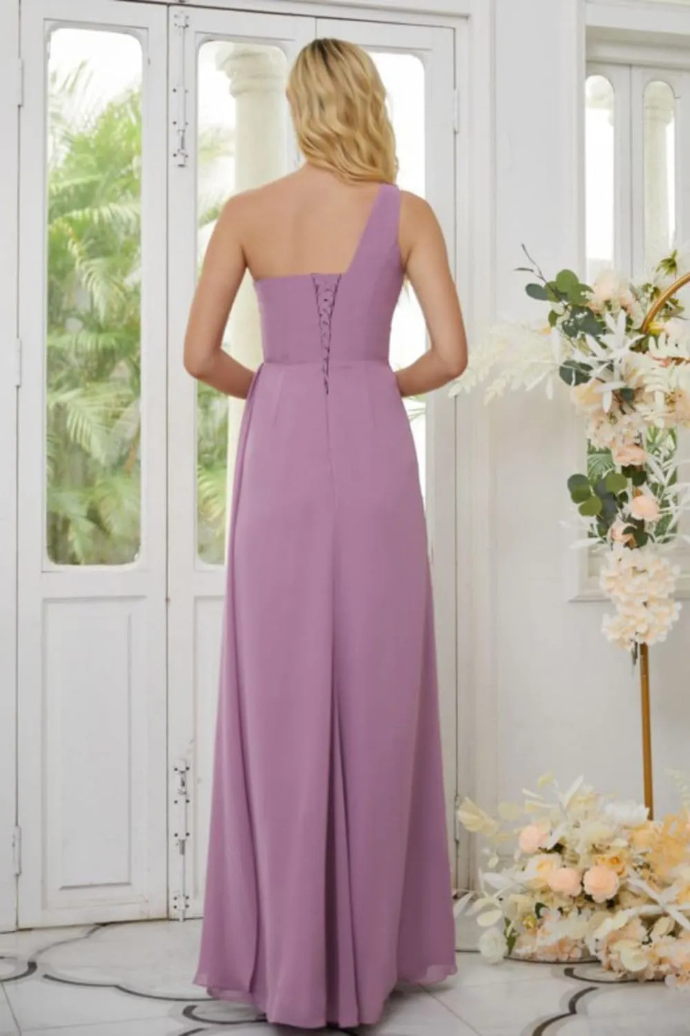 Women's One Shoulder Bridesmaid Dresses Long A-Line Ruched Split Formal Prom Evening Dress MA08