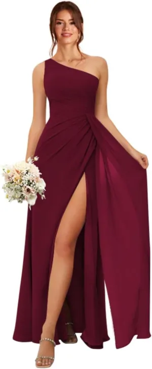 Women's One Shoulder Bridesmaid Dresses Long A-Line Ruched Split Formal Prom Evening Dress MA08