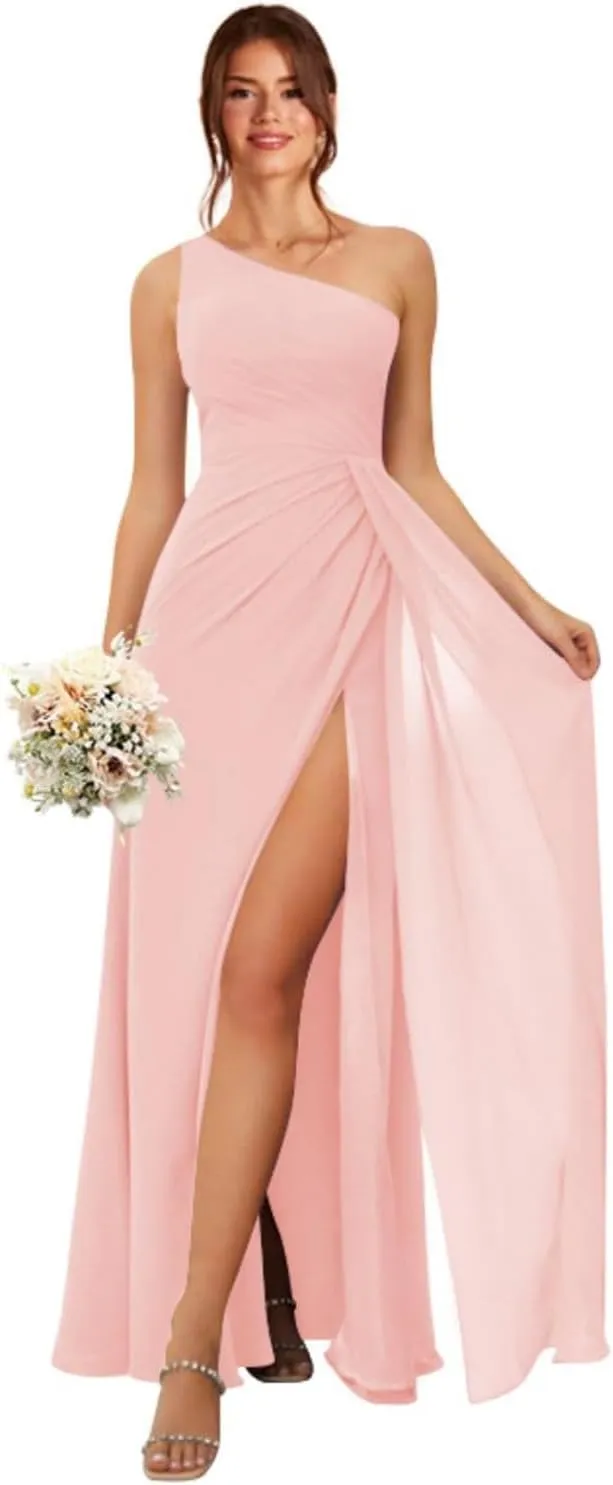 Women's One Shoulder Bridesmaid Dresses Long A-Line Ruched Split Formal Prom Evening Dress MA08