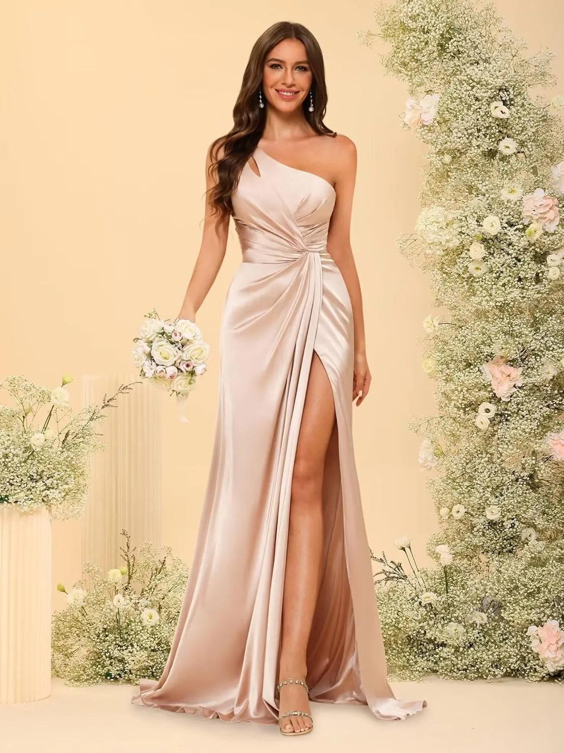 Women's One Shoulder Ruched Bridesmaid Dresses Long with Slit Satin Formal Prom Dress VS117