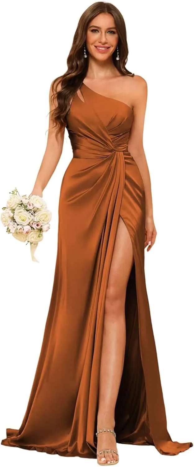 Women's One Shoulder Ruched Bridesmaid Dresses Long with Slit Satin Formal Prom Dress VS117