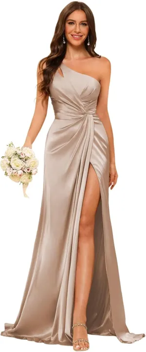 Women's One Shoulder Ruched Bridesmaid Dresses Long with Slit Satin Formal Prom Dress VS117