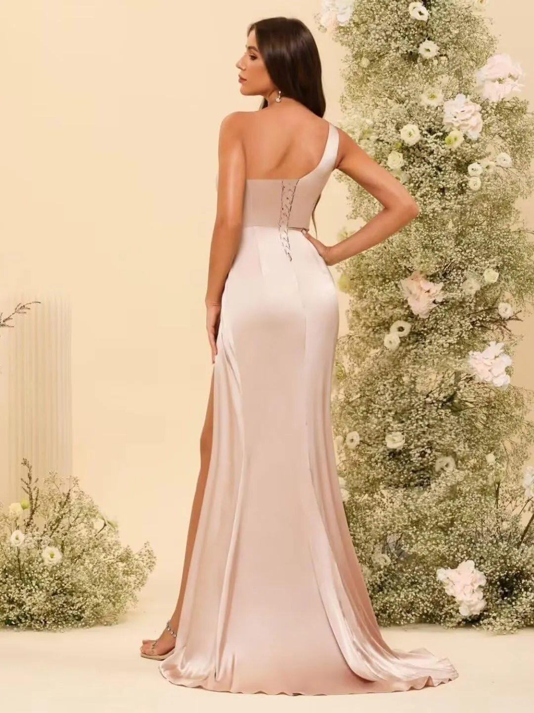 Women's One Shoulder Ruched Bridesmaid Dresses Long with Slit Satin Formal Prom Dress VS117