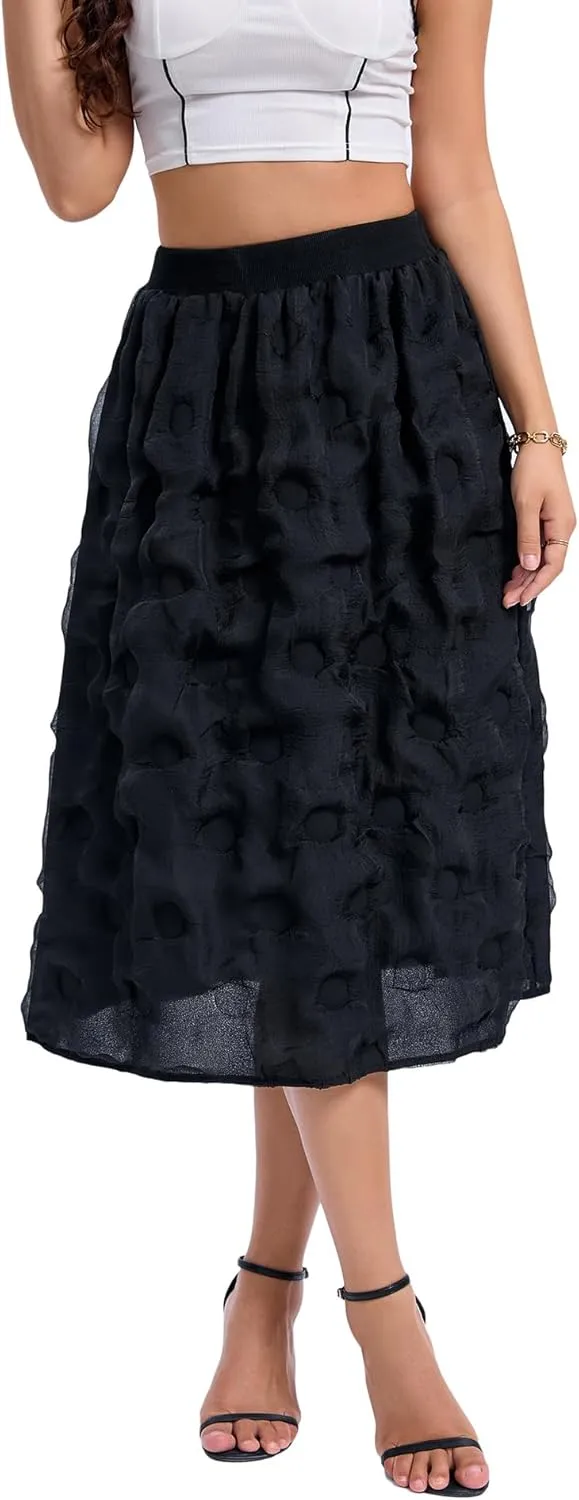 Womens Pleated Long Skirts Summer Boho Flowy Swing A-Line Midi Skirt Casual High Waist Elastic Skirts