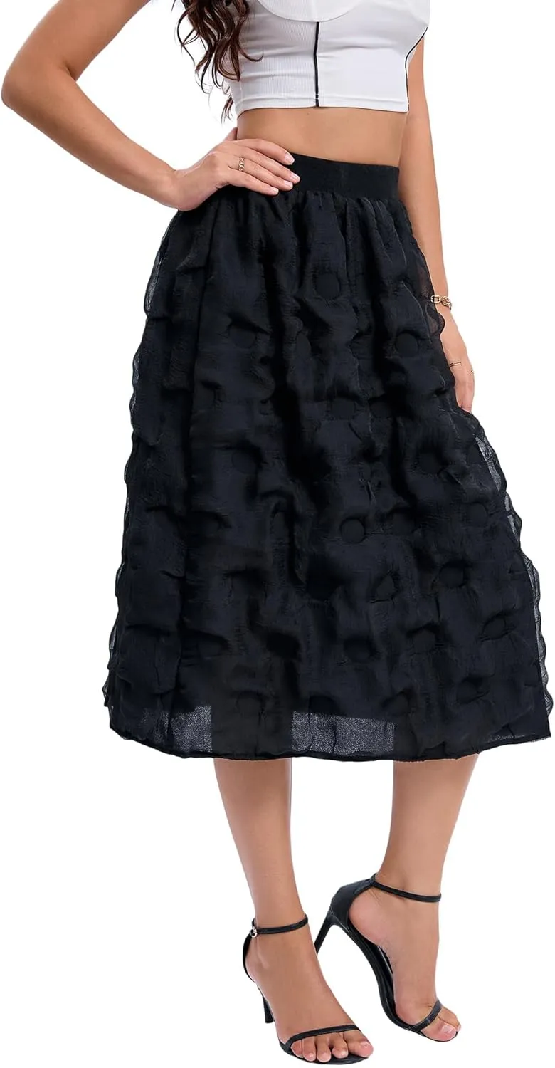 Womens Pleated Long Skirts Summer Boho Flowy Swing A-Line Midi Skirt Casual High Waist Elastic Skirts