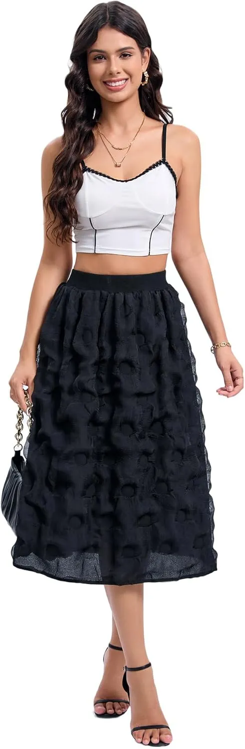 Womens Pleated Long Skirts Summer Boho Flowy Swing A-Line Midi Skirt Casual High Waist Elastic Skirts
