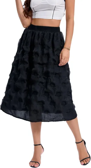 Womens Pleated Long Skirts Summer Boho Flowy Swing A-Line Midi Skirt Casual High Waist Elastic Skirts