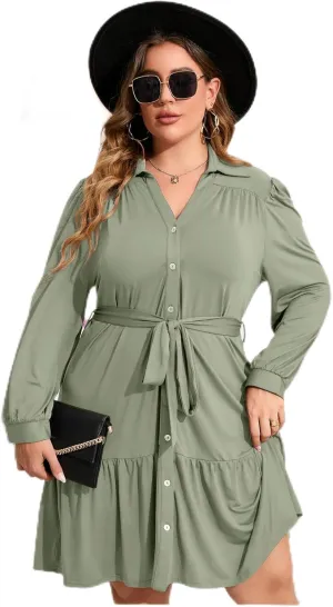 Women's Plus Size Long Sleeve Button Front Belted V Neck Ruffle Midi Shirt Dress in Wine Color