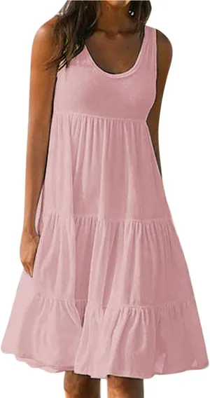Womens Plus Size Summer Sleeveless Round Neck Swing Dress Solid Color Flowy Tiered Maxi Beach Sundress