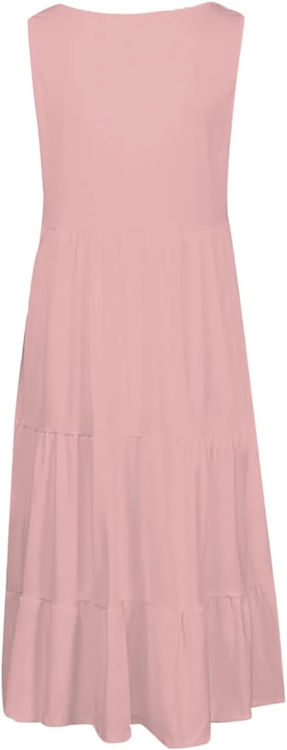 Womens Plus Size Summer Sleeveless Round Neck Swing Dress Solid Color Flowy Tiered Maxi Beach Sundress