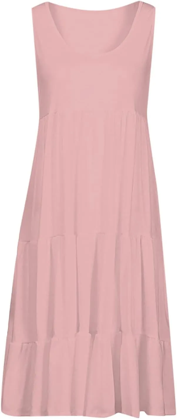 Womens Plus Size Summer Sleeveless Round Neck Swing Dress Solid Color Flowy Tiered Maxi Beach Sundress