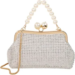 Womens Rhinestone Kiss Lock Evening Clutch Purse 2025 Summer Shell Bag Chain Cross Body Beaded Pearl Handbag