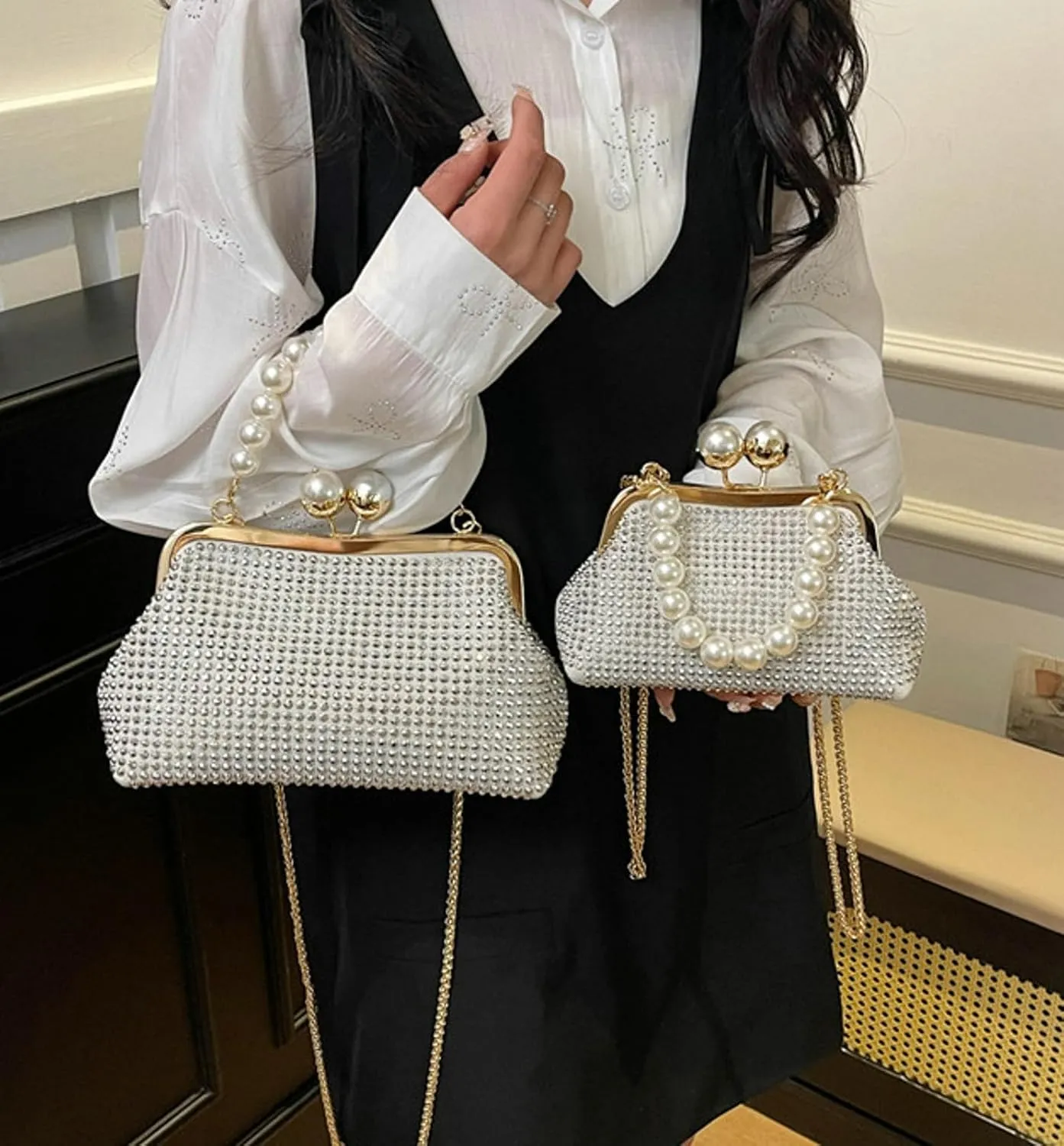 Womens Rhinestone Kiss Lock Evening Clutch Purse 2025 Summer Shell Bag Chain Cross Body Beaded Pearl Handbag