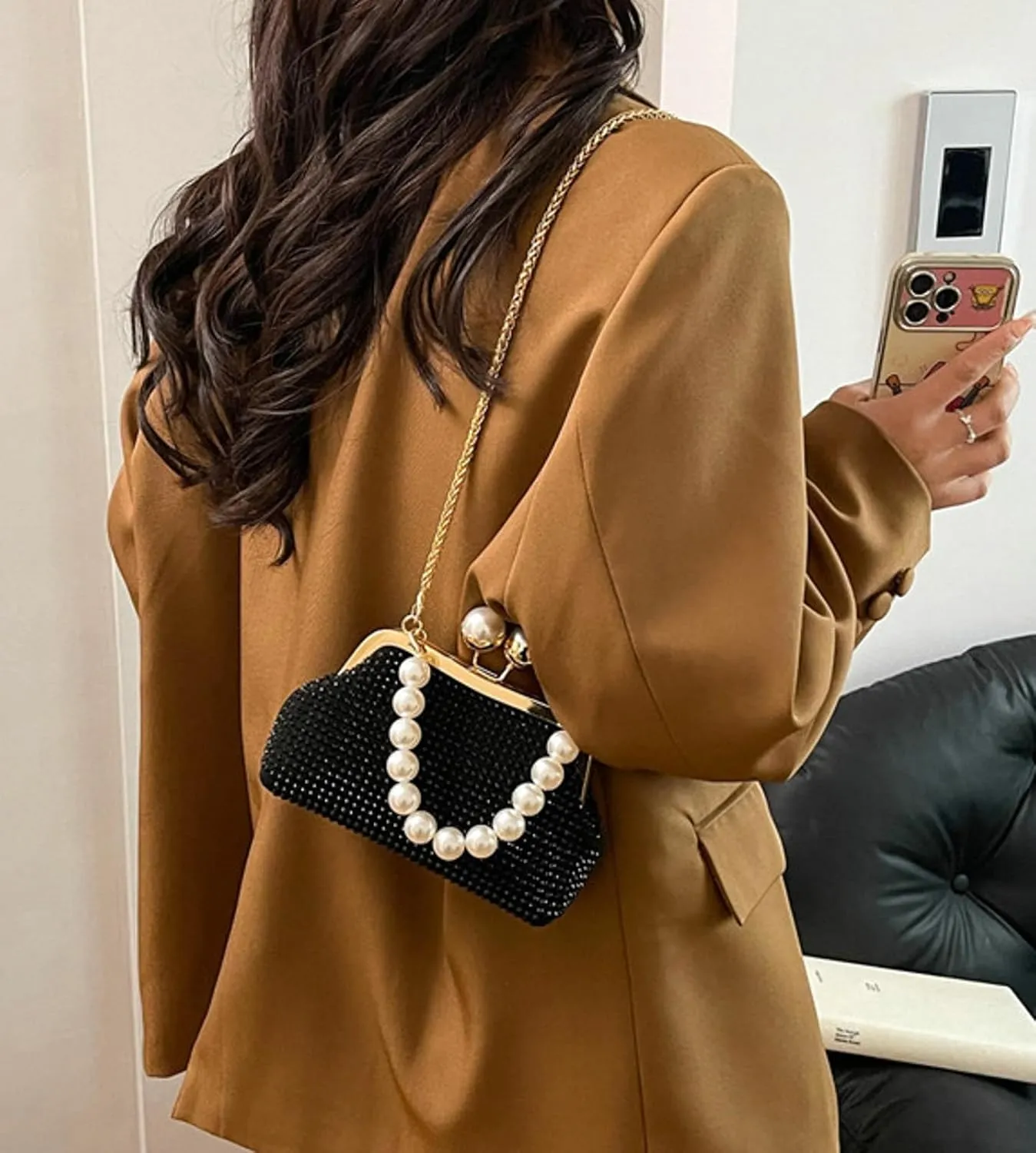 Womens Rhinestone Kiss Lock Evening Clutch Purse 2025 Summer Shell Bag Chain Cross Body Beaded Pearl Handbag