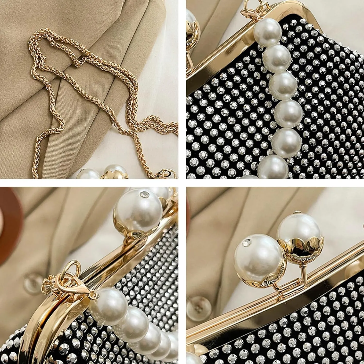Womens Rhinestone Kiss Lock Evening Clutch Purse 2025 Summer Shell Bag Chain Cross Body Beaded Pearl Handbag