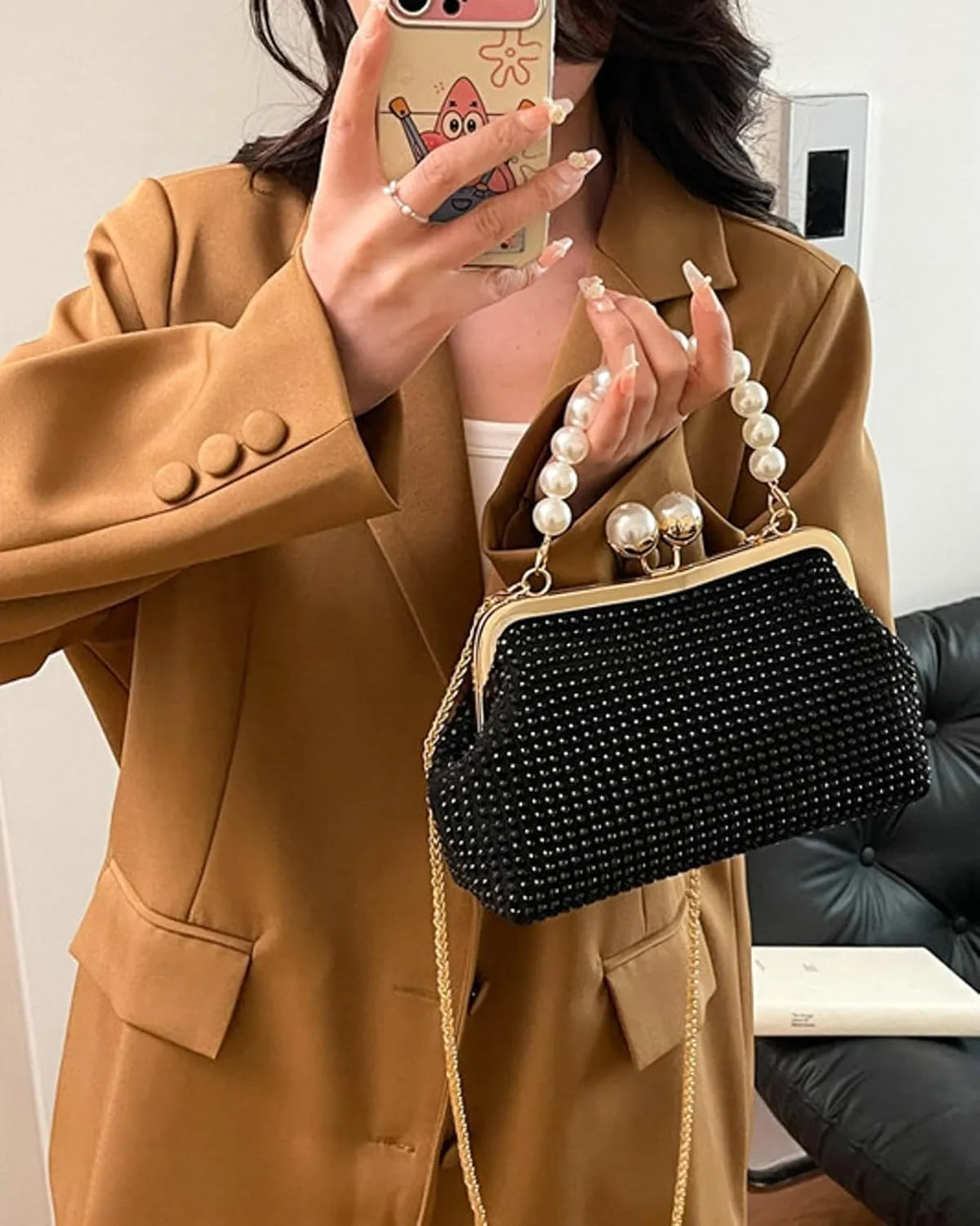 Womens Rhinestone Kiss Lock Evening Clutch Purse 2025 Summer Shell Bag Chain Cross Body Beaded Pearl Handbag