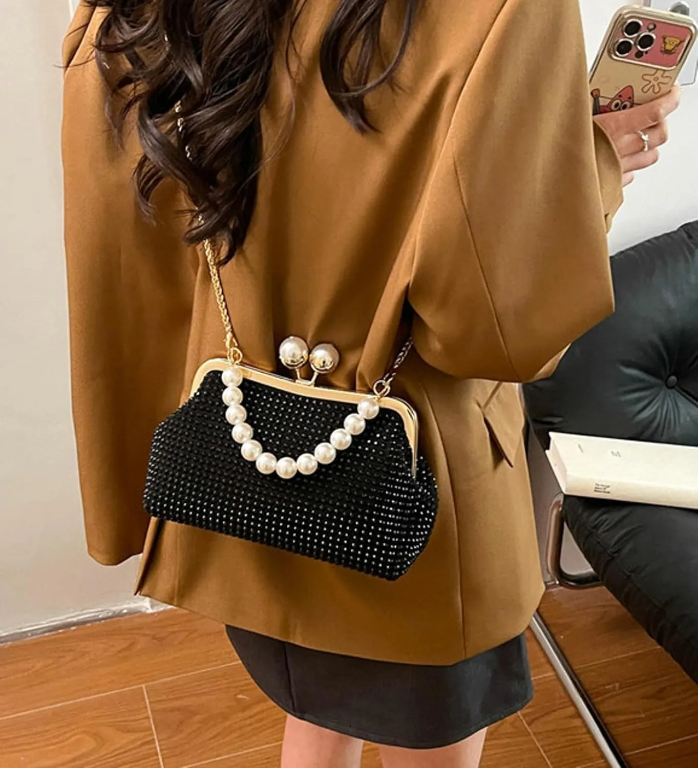 Womens Rhinestone Kiss Lock Evening Clutch Purse 2025 Summer Shell Bag Chain Cross Body Beaded Pearl Handbag