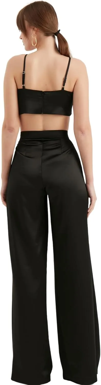 Women's Satin Pant | Casual Wide Leg High Waist Flowy Pleated Pants | Women Trousers Clothing