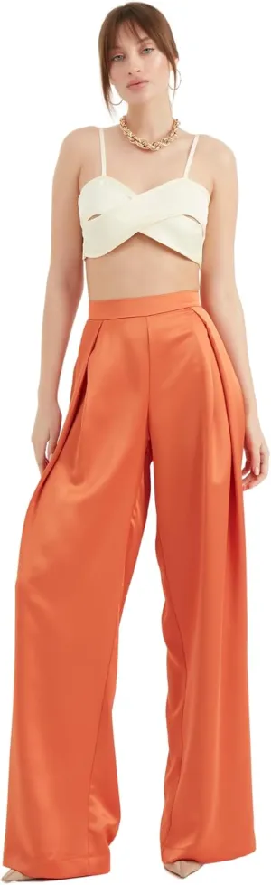 Women's Satin Pant | Casual Wide Leg High Waist Flowy Pleated Pants | Women Trousers Clothing