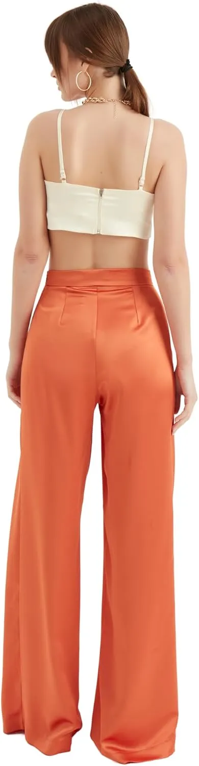 Women's Satin Pant | Casual Wide Leg High Waist Flowy Pleated Pants | Women Trousers Clothing