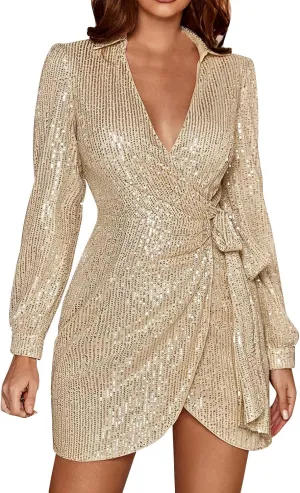 Women's Sexy Trendy Formal V Neck Long Sleeve Dress Sequins Solid Prom Party Cocktail Dresses Plus, S-3XL