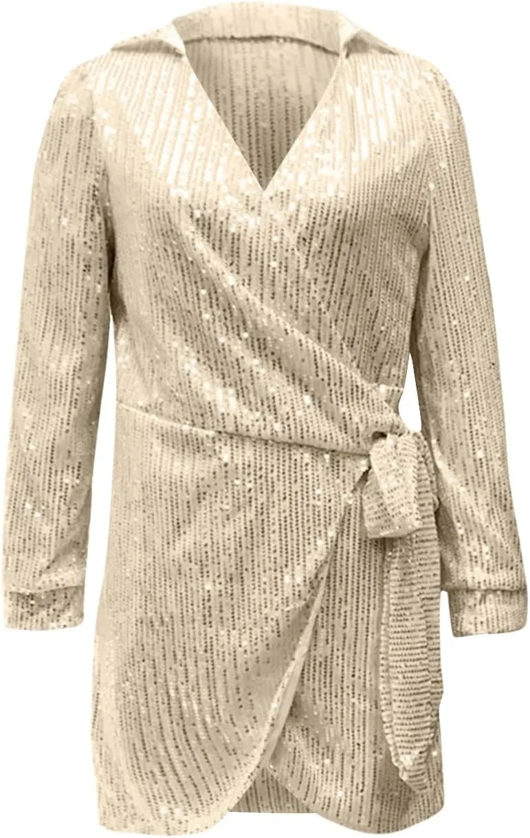 Women's Sexy Trendy Formal V Neck Long Sleeve Dress Sequins Solid Prom Party Cocktail Dresses Plus, S-3XL