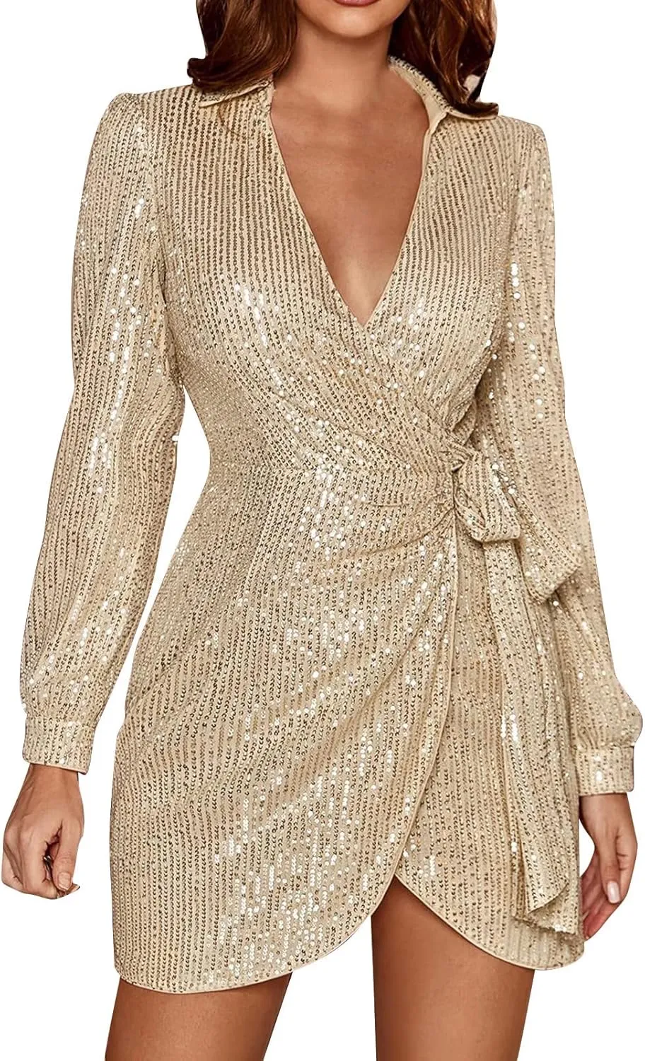 Women's Sexy Trendy Formal V Neck Long Sleeve Dress Sequins Solid Prom Party Cocktail Dresses Plus, S-3XL