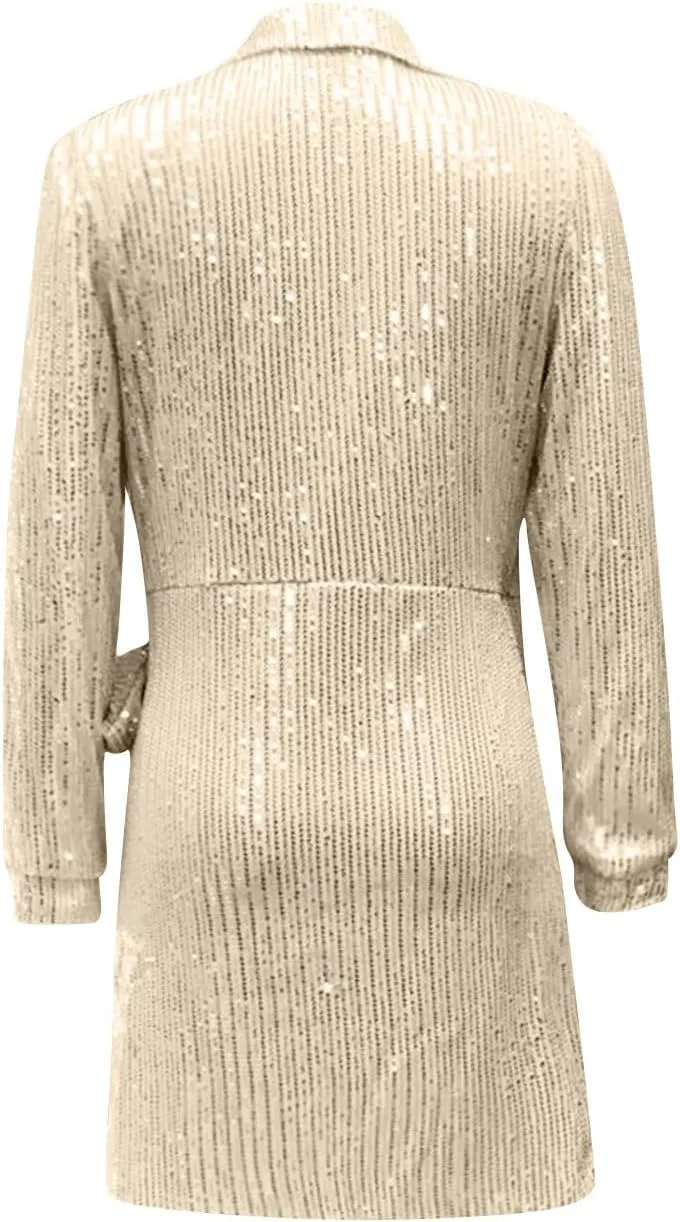 Women's Sexy Trendy Formal V Neck Long Sleeve Dress Sequins Solid Prom Party Cocktail Dresses Plus, S-3XL