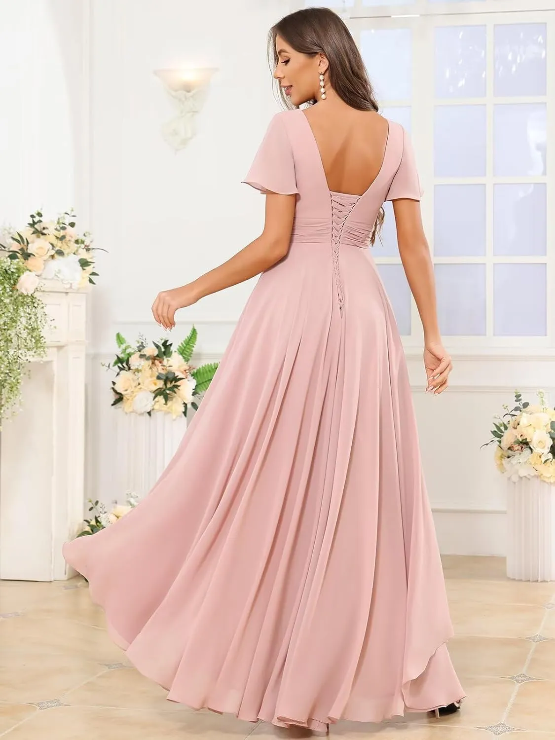 Women's Short Sleeve Bridesmaid Dresses for Women Ruffle Chiffon High Low Evening Formal Gown with Pockets