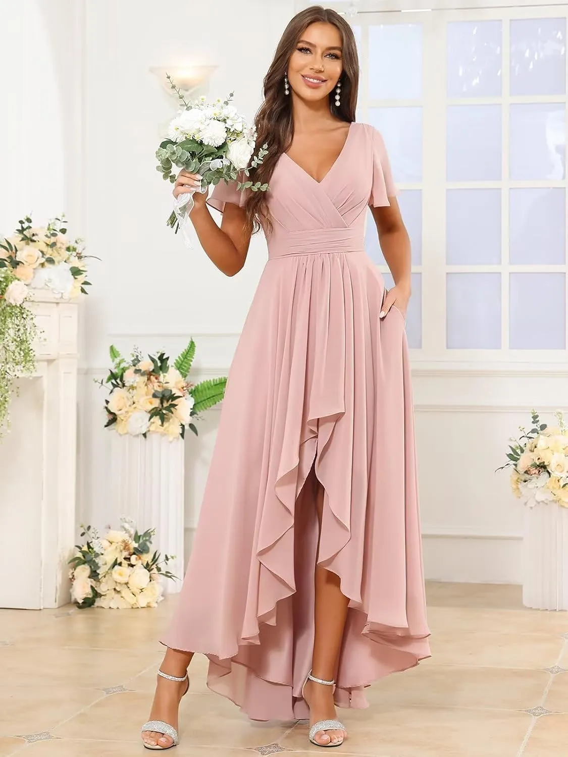 Women's Short Sleeve Bridesmaid Dresses for Women Ruffle Chiffon High Low Evening Formal Gown with Pockets